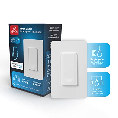 Globe Electric 50586 Works with Alexa Only Wi-Fi Smart Indoor On/Off Smart Switch,2.4Ghz WiFi, Neutral Wire Required, Voice Activated, White, Wall Plate Included, Smart Home Automation