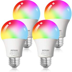 peteme smart wifi alexa light bulb, led rgb color changing bulbs, compatible with alexa, siri, echo, google home (no hub required), e26 a19 60w multicolor (4 pack)…