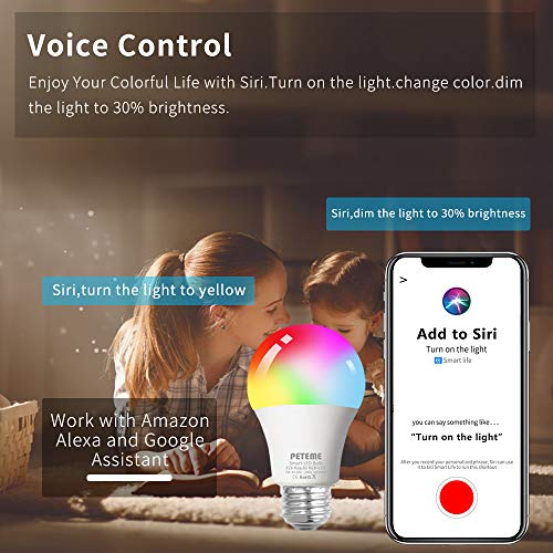 Peteme Smart WiFi Alexa Light Bulb, Led RGB Color Changing Bulbs, Compatible with Alexa, Siri, Echo, Google Home (No Hub Required), E26 A19 60W Multicolor (4 Pack)…