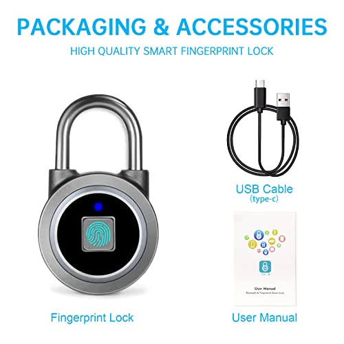 Fingerprint Padlock, Bluetooth Lock, Mobile APP, MEGAFEIS Smart Padlock with Keyless Biometric, Water Resistant, Suitable for Gym, Sports, Bike, School, Locker and Storage(Grey)