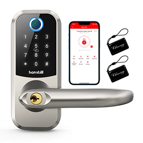 Fingerprint Door Locks with Handle, Hornbill Smart Keyless Entry Locks with Touchscreen Keypad,Bluetooth Front Door Lock, Electronic Digital Deadbolt with Reversible Handle, Free App, Fobs, Code