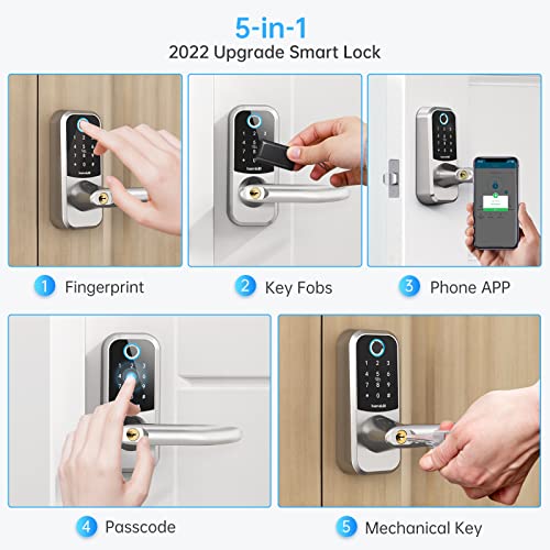 Fingerprint Door Locks with Handle, Hornbill Smart Keyless Entry Locks with Touchscreen Keypad,Bluetooth Front Door Lock, Electronic Digital Deadbolt with Reversible Handle, Free App, Fobs, Code