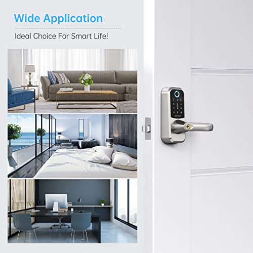 Smart Lock, SMONET Fingerprint Door Lock with Adjustable Handle, Bluetooth Electronic Digital Deadbolt Lock with Keypad, IC Cards, Code, Fingerprint, App and Key Works with Alexa for Home Apartment