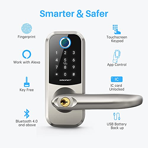 Smart Lock, SMONET Fingerprint Door Lock with Adjustable Handle, Bluetooth Electronic Digital Deadbolt Lock with Keypad, IC Cards, Code, Fingerprint, App and Key Works with Alexa for Home Apartment