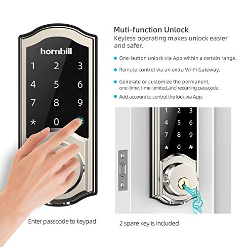 Smart Deadbolt Lock Front Door, hornbill Keyless Entry Door Lock with Keypad, Bluetooth Smart Locks Work with Alexa, Digital Code Lock for Airbnb and Vacation Rental Hosts