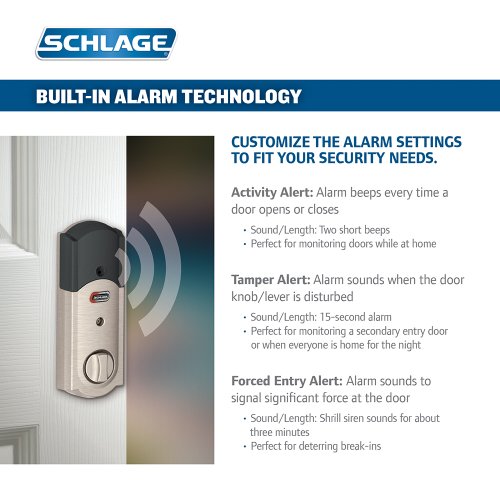 SCHLAGE Connect Camelot Touchscreen Deadbolt with Built-In Alarm and Handleset Grip with Accent Lever, Satin Nickel, FE469NX ACC 619 CAM LH, Works with Alexa