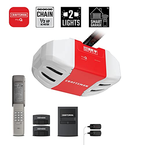 CRAFTSMAN 1/2 HP Smart Garage Door Opener - myQ Smartphone Controlled - Chain Drive, Wireless Keypad Included, Model CMXEOCG472, Red