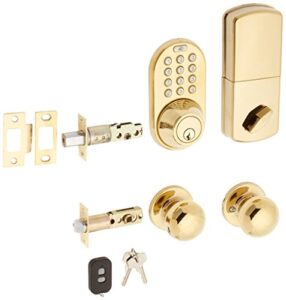 milocks xfk-02p digital deadbolt door lock and passage knob combo with keyless entry via remote control and keypad code for exterior doors, polished brass