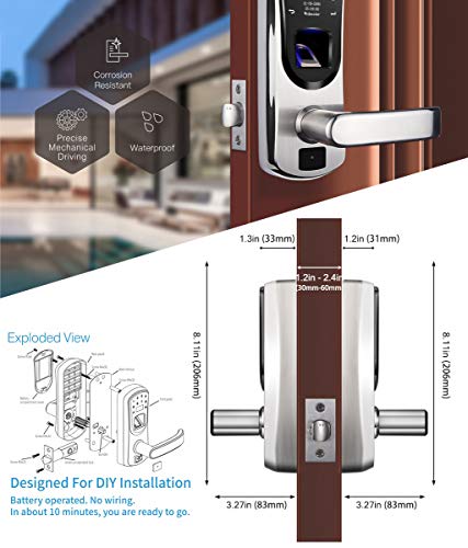 WeJupit V8 Fingerprint Keyless Entry Smart Door Lock Stainless Steel Touchscreen with Electronic Keypads, Spare Key, Two-Factor Authentication, Biometric Digital Auto-Lock, Right Handle Only