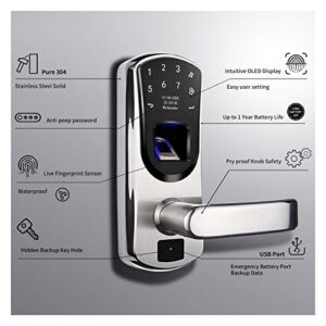 WeJupit V8 Fingerprint Keyless Entry Smart Door Lock Stainless Steel Touchscreen with Electronic Keypads, Spare Key, Two-Factor Authentication, Biometric Digital Auto-Lock, Right Handle Only