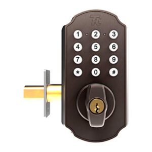 turbolock tl115 smart lock with keypad and voice prompts | digital deadbolt w/ app for unlimited ekeys | code disguise, backup keys + micro-usb port — ready for thicker doors (ip65) (bronze)