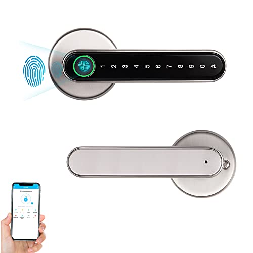 KISSTY Smart Fingerprint Door Lock, Biometric Door Lock, Keyless Entry Door Lock with Handle Fingerprint Door Knobs Door Handle with TTlock APP for Bedroom Home Office Apartment Hotel Brushed Nickel