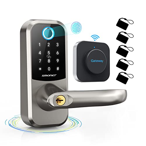 SMONET 6-in-1 Keyless Entry Deadbolt Front Door Smart Lock with Reversible Handle, Unlock by Fingerprint, IC Card, Bluetooth, Gateway, Alexa, Key for Home Apartment