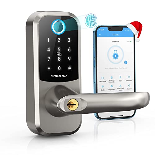 SMONET 6-in-1 Keyless Entry Deadbolt Front Door Smart Lock with Reversible Handle, Unlock by Fingerprint, IC Card, Bluetooth, Gateway, Alexa, Key for Home Apartment