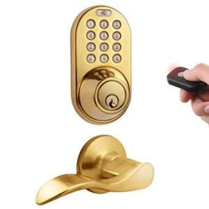 milocks xfl-02p digital deadbolt door lock and passage lever handle combo with keyless entry via remote control and keypad code for exterior doors, polished brass