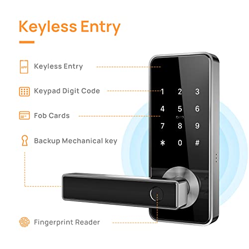 Fingerprint Door Lock Keyless Entry Door Lock Bluetooth APP Card Control Biometric Digital Door Lever Security Front Handle Works with WiFi Gateway and Alexa for Home Office by Holify (Black)