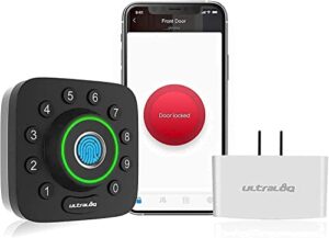 ultraloq u-bolt pro smart lock + bridge wifi adaptor, 6-in-1 keyless entry door lock with wifi, bluetooth, biometric fingerprint and keypad, smart door lock front door, deadbolt lock edition