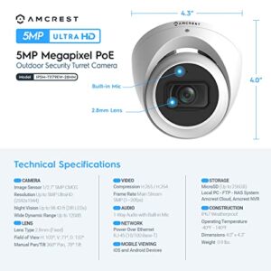 Amcrest 5MP Turret POE Camera, UltraHD Outdoor IP Camera POE with Mic/Audio, 5-Megapixel Security Surveillance Cameras, 98ft NightVision, 2.8mm Lens (103° FOV), IP67, MicroSD (256GB), (IP5M-T1179EW)