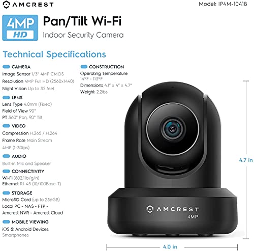 Amcrest 4MP ProHD Indoor WiFi Camera, Security IP Camera with Pan/Tilt, Two-Way Audio, Night Vision, Remote Viewing, 4-Megapixel @30FPS, Wide 90° FOV, IP4M-1041B (Black)