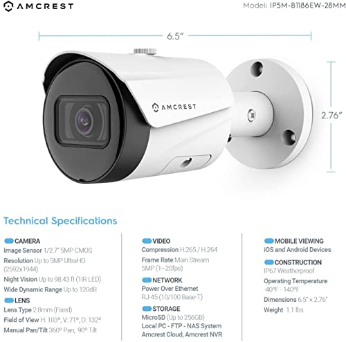 Amcrest UltraHD 5MP Outdoor POE Camera 2592 x 1944p Bullet IP Security Camera, Outdoor IP67 Waterproof, 103° Viewing Angle, 2.8mm Lens, 98.4ft Night Vision, 5-Megapixel, IP5M-B1186EW-28MM (White)