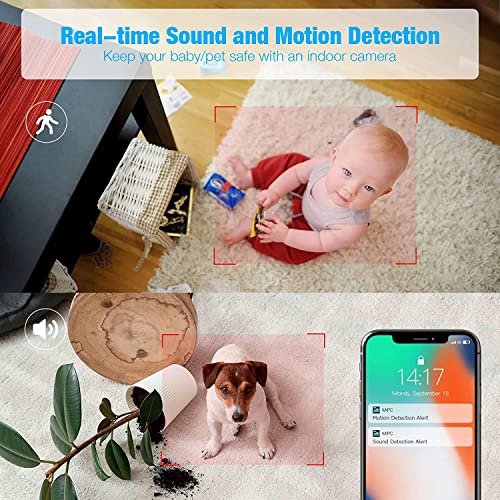 Smart Home Cameras Indoor, 2K Pet /Dog/Puppy Camera with 24/7 HD Live Video, Night Vision, Sound/Motion Detection, Two Way Talk, 2.4Ghz WiFi Cam Indoor for Home Security/Baby Monitor, Works with Alexa