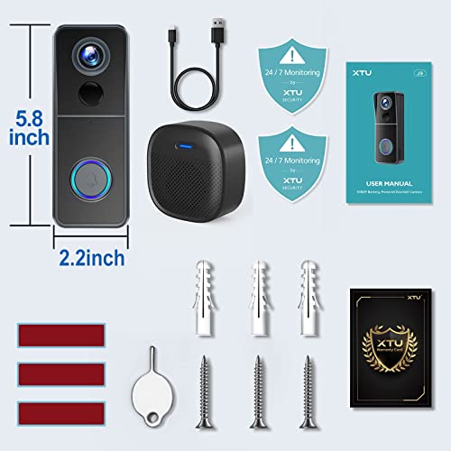 XTU WiFi Video Doorbell Camera, Wireless Doorbell Camera with Chime, 1080P HD, 2-Way Audio, Motion Detection, IP65 Waterproof, No Monthly Fees and 32GB SD Card Pre-Installed