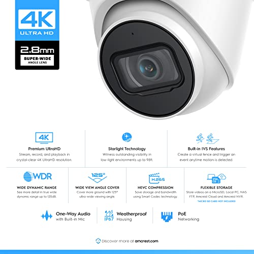 Amcrest UltraHD 4K (8MP) Outdoor Security IP Turret PoE Camera, 3840x2160, 98ft NightVision, 2.8mm Lens, IP67 Weatherproof, MicroSD Recording (256GB), White