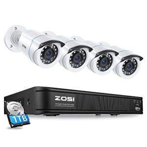 ZOSI H.265+1080p Home Security Camera System,5MP-Lite 8 Channel CCTV DVR Recorder with Hard Drive 1TB and 4 x 1080p Weatherproof Bullet Camera Outdoor Indoor with 80ft Night Vision, Motion Alerts