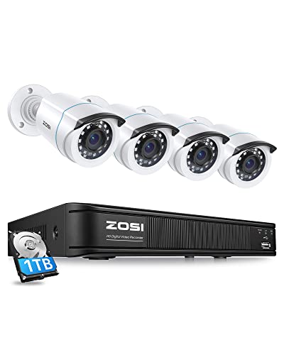 ZOSI H.265+1080p Home Security Camera System,5MP-Lite 8 Channel CCTV DVR Recorder with Hard Drive 1TB and 4 x 1080p Weatherproof Bullet Camera Outdoor Indoor with 80ft Night Vision, Motion Alerts