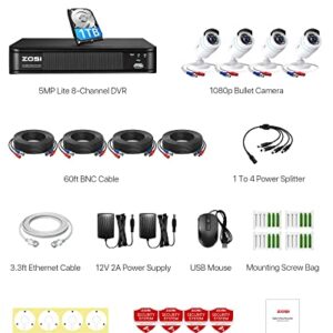 ZOSI H.265+1080p Home Security Camera System,5MP-Lite 8 Channel CCTV DVR Recorder with Hard Drive 1TB and 4 x 1080p Weatherproof Bullet Camera Outdoor Indoor with 80ft Night Vision, Motion Alerts