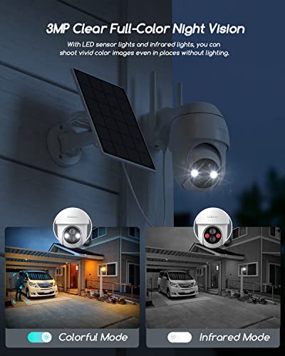 Security Camera Outdoor, 360° PTZ Security Cameras Wireless Outdoor Solar Powered, 2.4G Wireless WiFi Cameras for Home Security, 2K Night Vision, PIR Detection, 2 Way Audio,IP66,SD/Cloud Storage