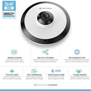 Amcrest Fisheye IP POE Camera, 360° Panoramic 5-Megapixel POE IP Camera, Fish Eye Security Indoor Camera, 33ft Nightvision, IVS Features and People Counting, MicroSD Recording, IP5M-F1180EW-V2 (White)