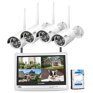 [10CH Expandable, 2K] Hiseeu All in one with 12" LCD Monitor 3TB Hard Drive, Wireless Security Camera System, Home Business 5MP Dual WiFi NVR 4Pcs 3MP Outdoor Bullet IP Cameras Night Vision Waterproof