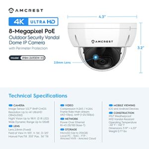 Amcrest UltraHD 4K (8MP) Outdoor Security POE IP Camera, 3840x2160, 98ft NightVision, 2.8mm Lens, IP67 Weatherproof, IK10 Vandal Resistant Dome, MicroSD Recording, White (IP8M-2493EW)
