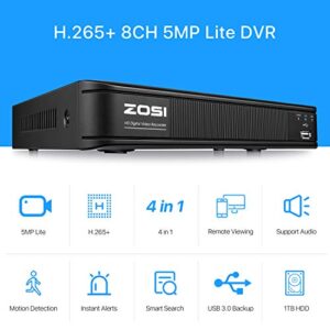 ZOSI H.265+1080p Home Security Camera System,8 Channel 5MP Lite Surveillance DVR with Hard Drive 1TB and 4 x 1080p Weatherproof CCTV Bullet Camera Outdoor Indoor with 80ft Night Vision, Motion Alerts