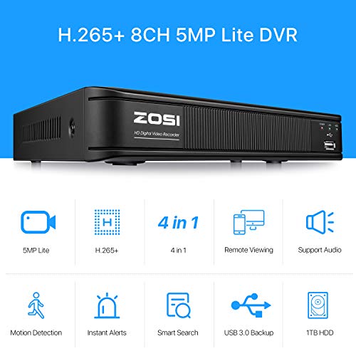 ZOSI H.265+1080p Home Security Camera System,8 Channel 5MP Lite Surveillance DVR with Hard Drive 1TB and 4 x 1080p Weatherproof CCTV Bullet Camera Outdoor Indoor with 80ft Night Vision, Motion Alerts