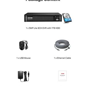 ZOSI H.265+ 5MP Lite 8 Channel CCTV DVR Recorder with Hard Drive 1TB, Remote Access, Motion Alert Push, Hybrid Capability 4-in-1(Analog/AHD/TVI/CVI) Full 1080p HD Surveillance DVR for Security Camera
