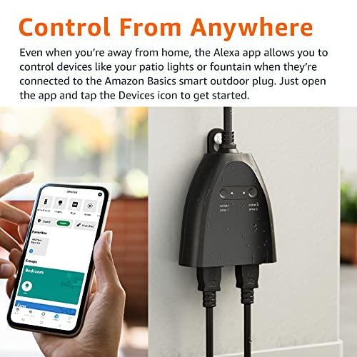 Amazon Basics Outdoor Smart Plug with 2 Individually Controlled Outlets, 2.4 GHz Wi-Fi, Works with Alexa Only
