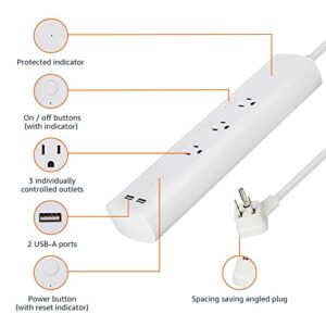 Amazon Basics Smart Plug Power Strip, Surge Protector with 3 Individually Controlled Outlets and 2 USB Ports, 2.4 GHz Wi-Fi, Works with Alexa