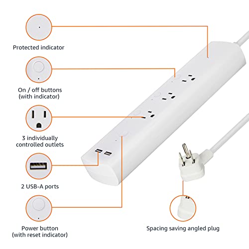 Amazon Basics Smart Plug Power Strip, Surge Protector with 3 Individually Controlled Outlets and 2 USB Ports, 2.4 GHz Wi-Fi, Works with Alexa