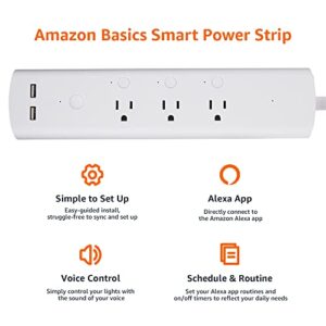 Amazon Basics Smart Plug Power Strip, Surge Protector with 3 Individually Controlled Outlets and 2 USB Ports, 2.4 GHz Wi-Fi, Works with Alexa