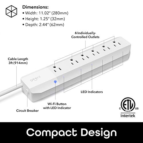 Geeni Surge 6-Outlet Smart Extension Cord, Surge Protector and Cord Extender, Works with Alexa, Google Assistant, Requires 2.4 GHz WiFi, 3 Feet