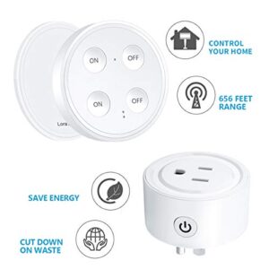 LoraTap Mini Remote Control Outlet Plug Adapter with Remote, 656ft Range Wireless Light Switch for Household Appliances, No Hub Required, 10A/1100W, White, 2 Years Warranty (One Remote + 2 Outlets)