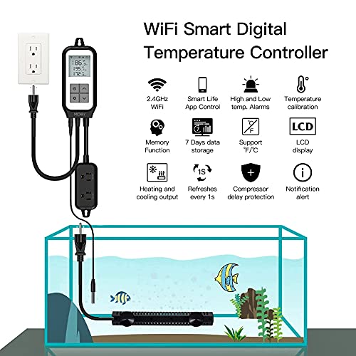 MOES Smart WiFi Reptile Thermostat Outlet Heating Cooling, Tuya Digital Temperature Controller Sensor Plug for Fermenter Brewing Breeding Heat Mat, Smart Life Remote Control, -22- 221℉,10A 1250W