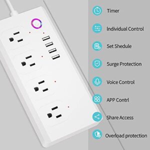 Smart Power Strip, Smart Plug with 4 AC Outlets and 4 USB Ports, WiFi Surge Protector Works with Alexa and Google Home, App/Remote/Voice Control, Schedule/Timer, White, 10A