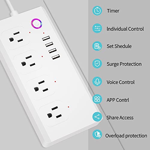 Smart Power Strip, Smart Plug with 4 AC Outlets and 4 USB Ports, WiFi Surge Protector Works with Alexa and Google Home, App/Remote/Voice Control, Schedule/Timer, White, 10A