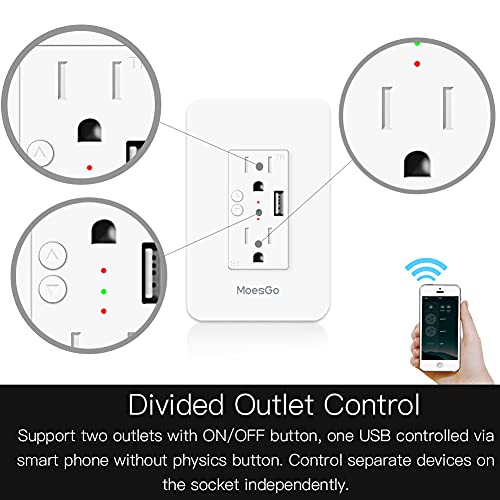 MoesGo Smart Power Wall Outlet with USB, WiFi Socket with 2 Plug outlets 15 Amp Divided Control, Smart Life/Tuya APP Remote Controller, ETL Certified, Work with Alexa and Google Home, No Hub Required