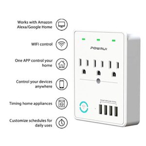 Smart Plug（2.4G Only）, USB Wall Charger, POWRUI WiFi Surge Protector with 4 USB Charging Ports(4.8A 24W Total) and 3 Smart Outlet Extender, Compatible with Alexa Google Assistant for Voice Control