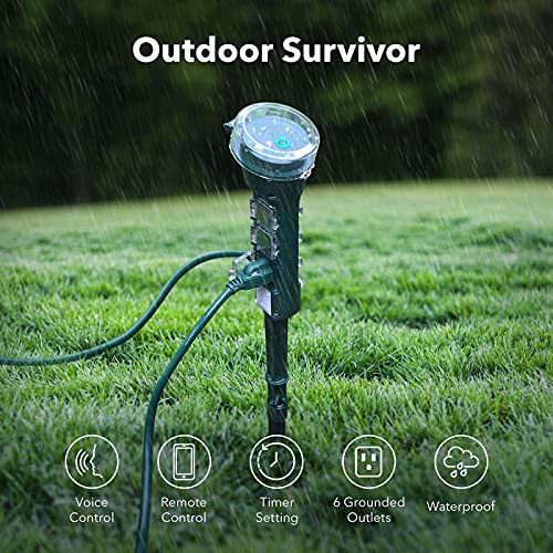 HBN Outdoor Smart Plug Waterproof WiFi Outdoor Outlet Timer with 6 Grounded Outlets, Remote & Voice Control Heavy Duty Yard Stake Plug Compatible with Alexa and Google Assistant No Hub Required