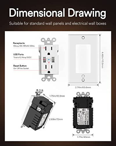 Smart USB Outlet in-Wall - Smart Electrical Outlet That Work with Alexa, Google Home, 15 Amp, No Hub Required, ETL & FCC Certified, 2.4G WiFi Only (4 Pack)